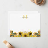Carte De Correspondance Jaune Rustique Tournesol Floral Script Monogramme (Devant/Arrière en situation)