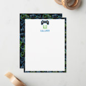 Carte De Correspondance Jeu vidéo Neon Blue & Green Motif Monogramme (Devant/Arrière en situation)