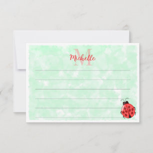 Carte De Correspondance Jolie coccinelle monogramme ligné aquarelle verte
