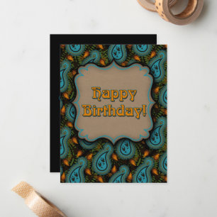 Carte De Correspondance Joyeux anniversaire Aqua Black Gold Paisley