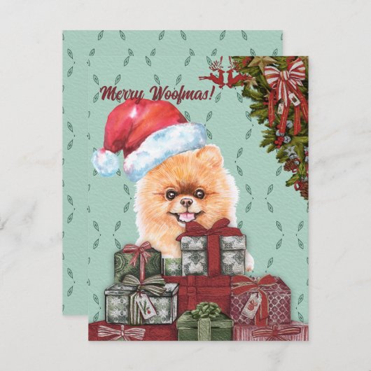 Carte De Correspondance Joyeux Woofmas ! Chien de Poméranie Noël (Devant / Derrière)