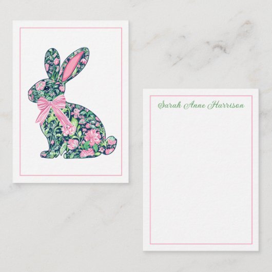 Carte De Correspondance Lapin à la chinoise rose et vert avec noeud (Devant / Derrière)