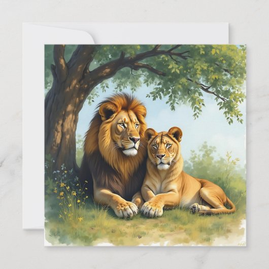 Carte De Correspondance Lion et lionne sous un blanc d'arbre (Devant)
