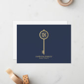Carte De Correspondance Luxe Faux Gold Skeleton Key Monogram Navy (Devant/Arrière en situation)