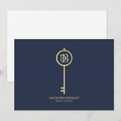 Carte De Correspondance Luxe Faux Gold Skeleton Key Monogram Navy (Devant / Derrière)