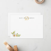 Carte De Correspondance Marguerites Aquarelle Monogramme Jaune (Devant/Arrière en situation)