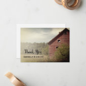 Carte De Correspondance Mariage campagnard Rustique Rouge Grange Merci Not (Devant/Arrière en situation)