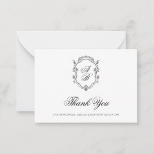 Carte De Correspondance Mariage Formel noir & blanc Floral Monogram Crest