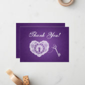Carte De Correspondance Mariage Merci Note Clé De Mon Coeur Violet (Devant/Arrière en situation)