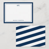 Carte De Correspondance Marine Bleu Double bordure Monogramme moderne rayé (Devant / Derrière)