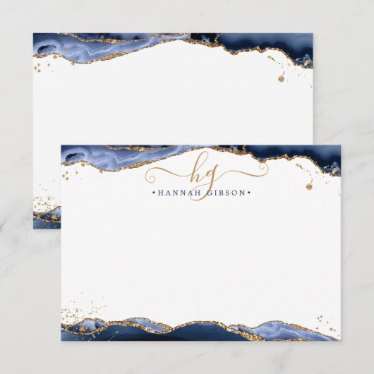 Carte De Correspondance Marine Blue Agate Monogramme Fancy Script Gold Par (Devant / Derrière)