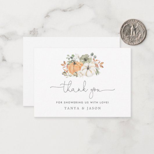 Carte De Correspondance Merci Citrouille de Baby shower (Devant/Arrière en situation)