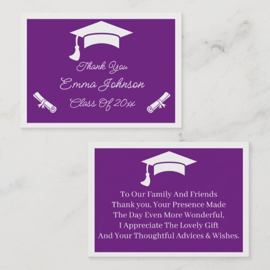 Carte De Correspondance Merci De Graduation Customisé violet et blanc (Devant / Derrière)