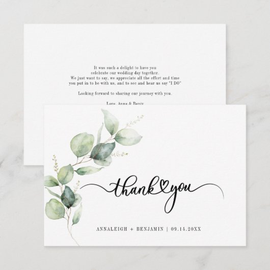 Carte De Correspondance Merci Mariage à lettres mains Eucalyptus (Devant / Derrière)