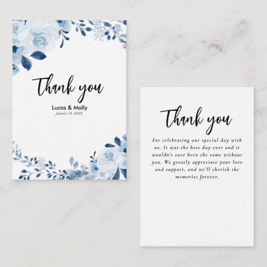 Carte De Correspondance Merci Mariage Floral bleu français moderne (Devant / Derrière)
