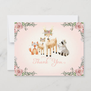 Carte De Correspondance Merci Note Bébé Fille Woodland Deer fox Raccoon