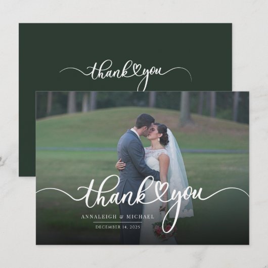 Carte De Correspondance Merci photo Mariage à lettres main moderne (Devant / Derrière)