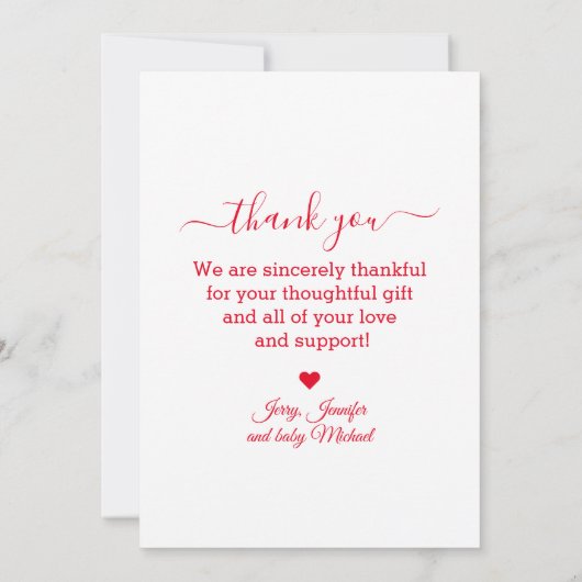 Carte De Correspondance merci, script rouge photo bébé garçon (Dos)