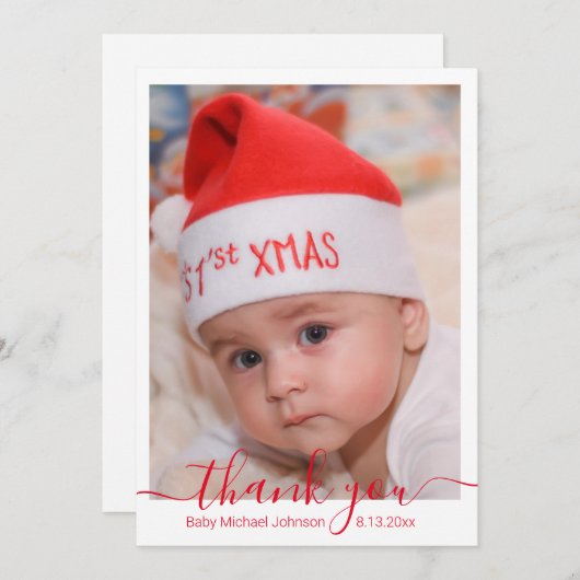 Carte De Correspondance merci, script rouge photo bébé garçon (Devant / Derrière)