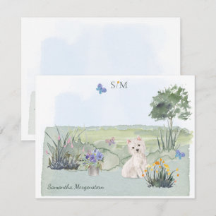 Carte De Correspondance Mete Westie Butterfly Meadow Monogramme & Nom