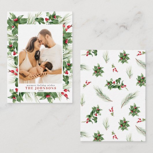 Carte De Correspondance Mini photo moderne Holly Berry verdure Noël (Devant / Derrière)