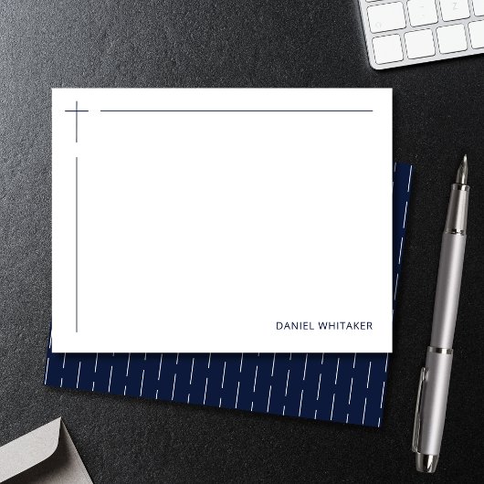 Carte De Correspondance Modern Christian Cross Monogrammed Minimal Navy