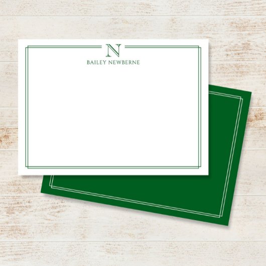 Carte De Correspondance Modern Initial Monogram Green Border Stationery