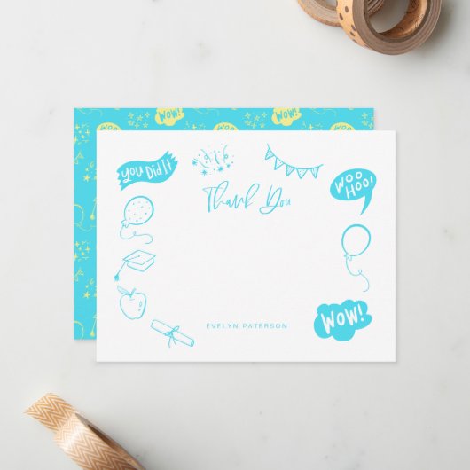 Carte De Correspondance Moderne Graduation Doodle Blue Lime Merci (Devant/Arrière en situation)