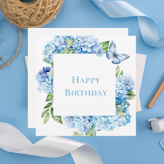 Carte De Correspondance Moderne Joyeux Anniversaire Bleu Hydrangea Chic