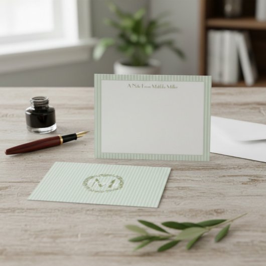 Carte De Correspondance Monogram Striped Pastel Green Note Card