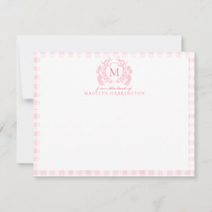 Carte De Correspondance Monogramme de crête florale rose En vichy