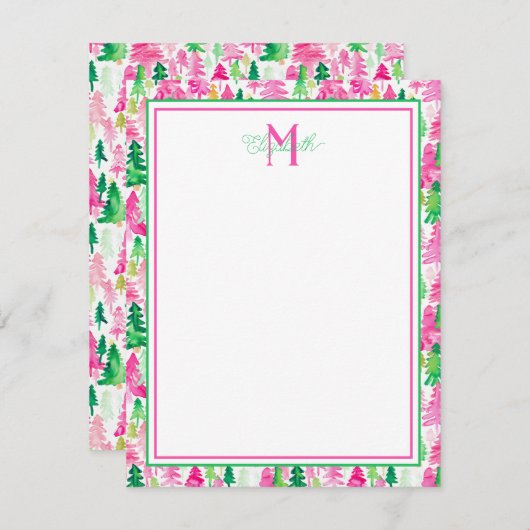 Carte De Correspondance Monogramme de Noël rose et vert de Preppy (Devant / Derrière)