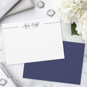 Carte De Correspondance Monogramme de nom de script minimaliste bleu marin