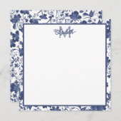 Carte De Correspondance Monogramme floral bleu et gris (Devant / Derrière)