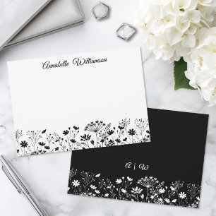 Carte De Correspondance Monogramme Floral Élégant Noir Et Blanc