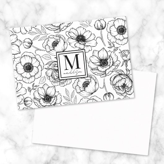 Carte De Correspondance Monogramme floral noir blanc