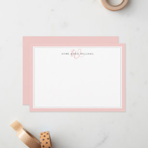 Carte De Correspondance Monogramme minimaliste rose blush à deux bordures