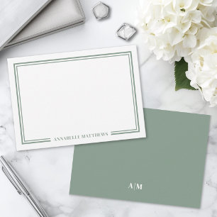 Carte De Correspondance Monogramme minimaliste vert sauge à deux bordures