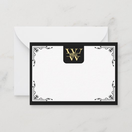 Carte De Correspondance Monogramme noir et or | Écriture initiale élégante (Devant)