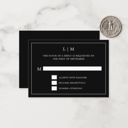 Carte De Correspondance Monogramme noir simple Mariage élégant (Devant/Arrière en situation)