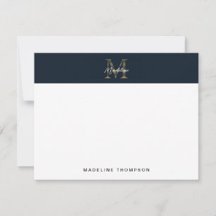 Carte De Correspondance Monogramme Or Bleu Nuit Métallisé Script Minimalis
