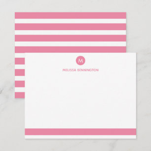 Carte De Correspondance Monogramme personnalisé rayé rose et blanc