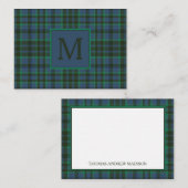 Carte De Correspondance Monogramme préppy vert et bleu plaid (Devant / Derrière)