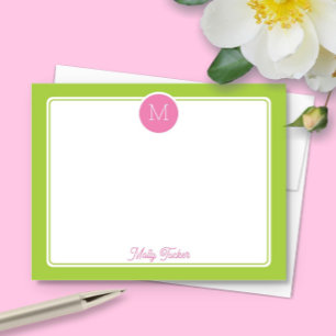 Carte De Correspondance Monogramme rond Prépa Rose et Vert Citron