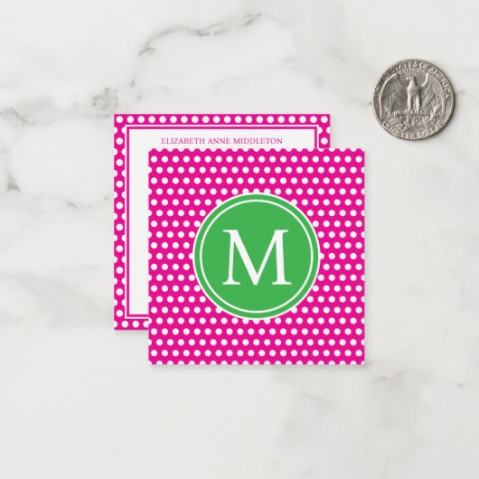 Carte De Correspondance Monogramme rose et vert avec pois blancs chic (Devant/Arrière en situation)