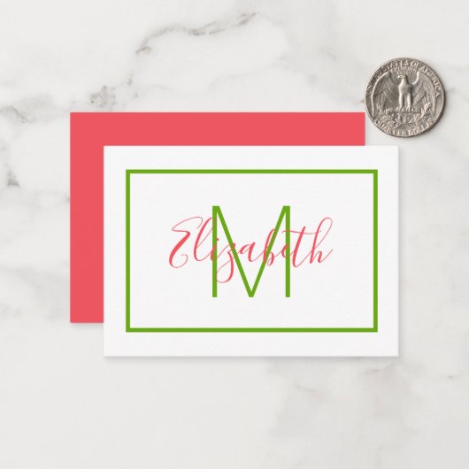 Carte De Correspondance Monogramme Rose et Vert Prépa (Devant/Arrière en situation)