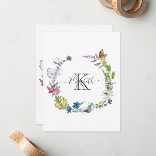 Carte De Correspondance Monogramme Script Calligraphie Papillons Fleurs (Devant/Arrière en situation)