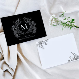 Carte De Correspondance Monogramme Vintage gothique noir de crête florale