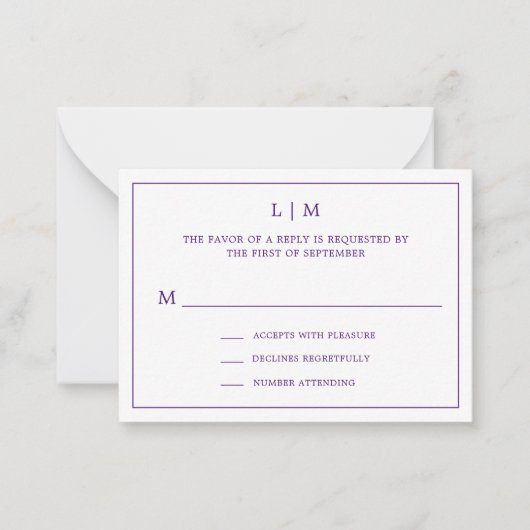 Carte De Correspondance Monogramme violet simple Élégant Mini Mariage RSVP (Devant)