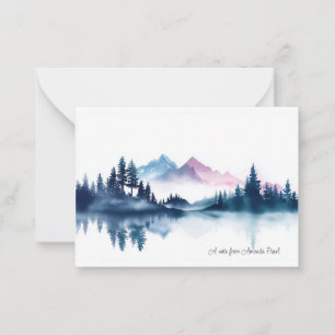 Carte De Correspondance Montagnes et pins noirs à l'aquarelle rose et bleu